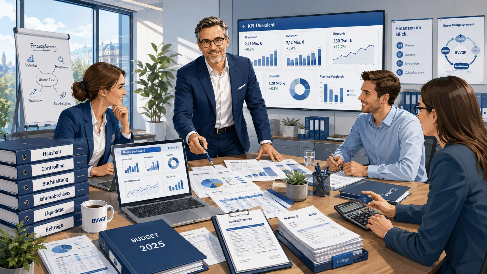 BVVGF Business-Cartoon zu Finanzen, Buchhaltung, Haushaltsplanung und Controlling