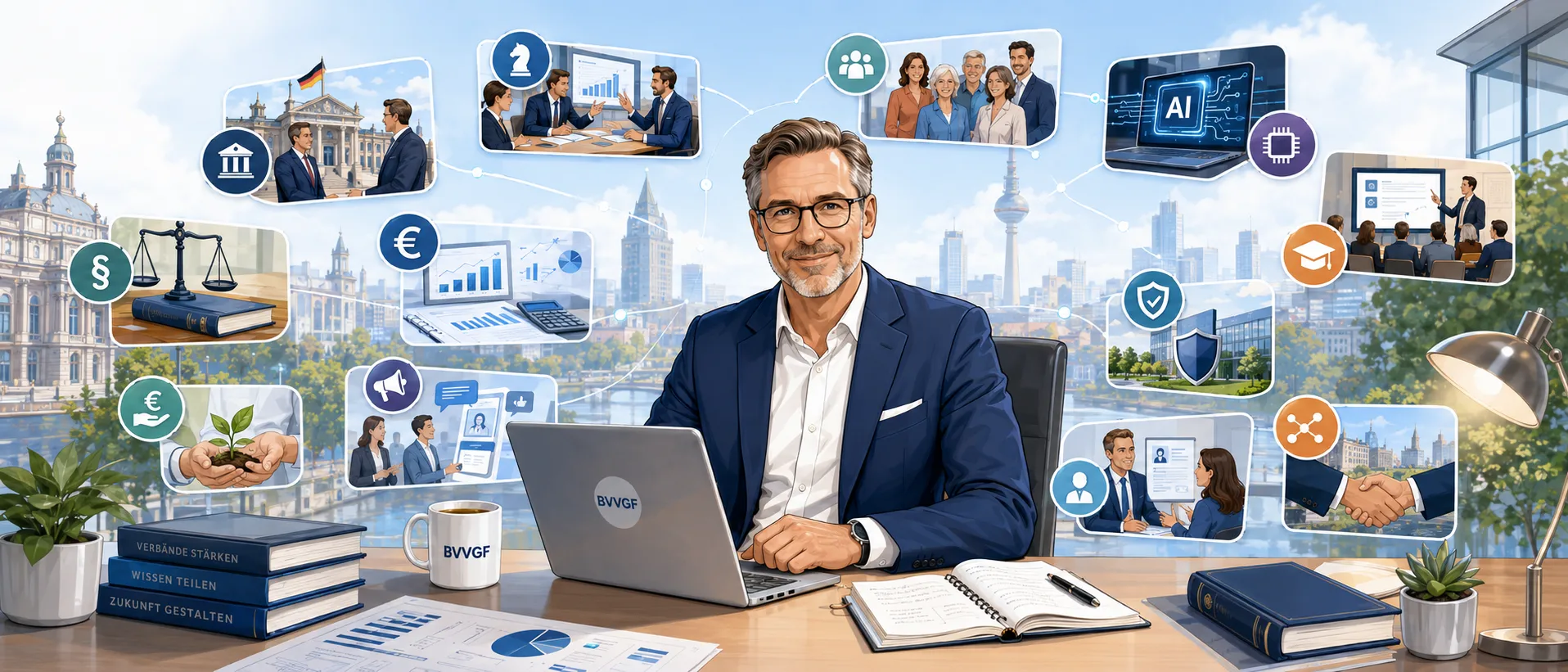 BVVGF Business-Cartoon zu Geschäftsführung, Strategie, Führung und Verbandsentwicklung